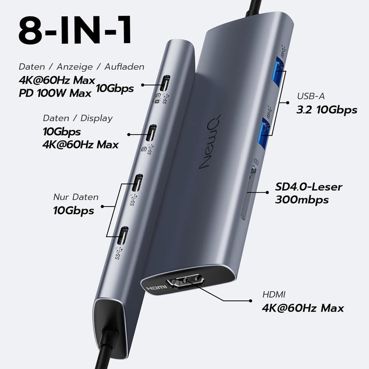 USB C Video Hub mit Dual/Triple Monitor Support, 4K@30-60Hz HDMI, 100W PD, 6X USB 10 Gbit/s, SD4.0,