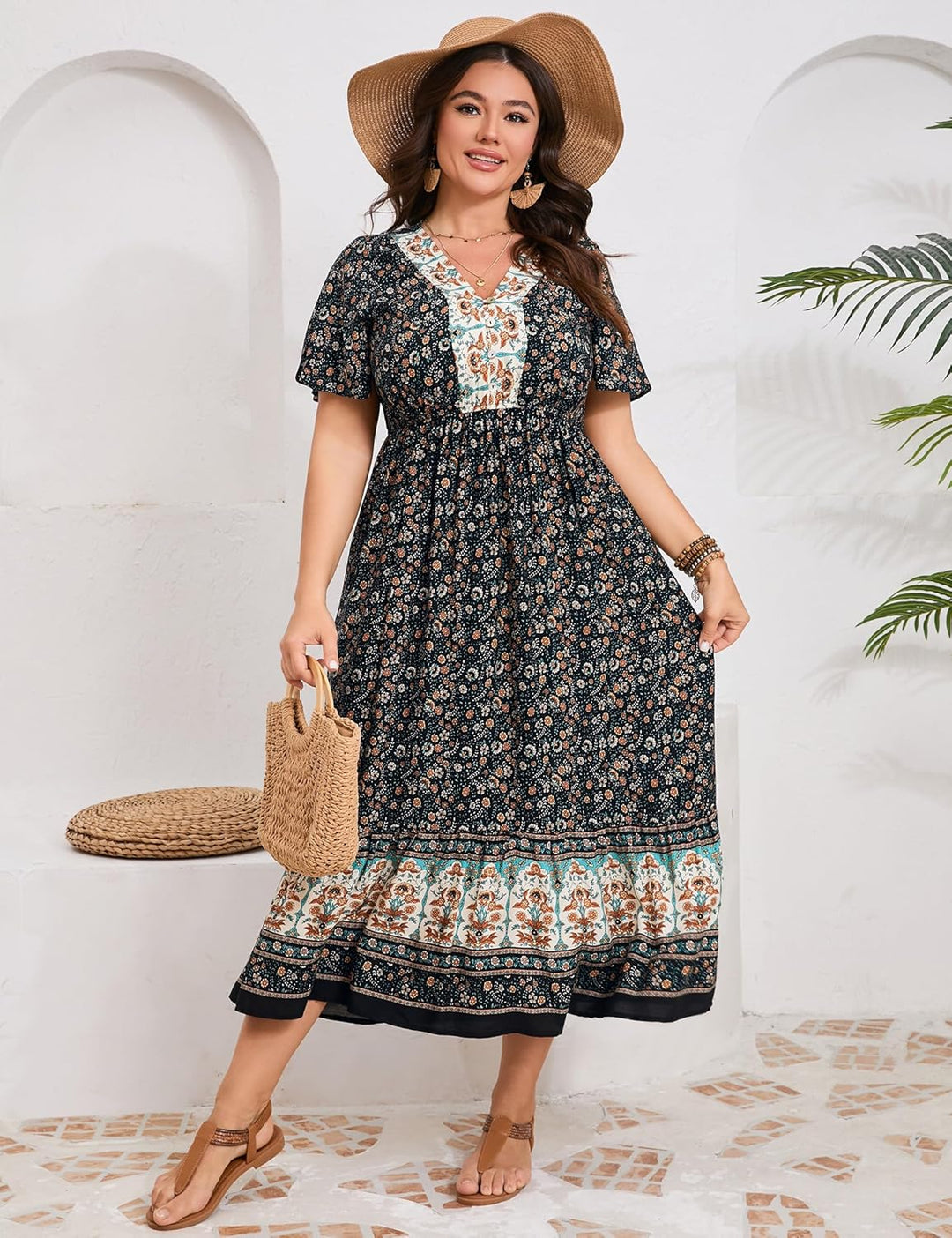 Clearlove Damen Sommerkleid Boho Kurzarm Midi Kleider V-Ausschnitt Strandkleid lang Blumenkleid Rüsc