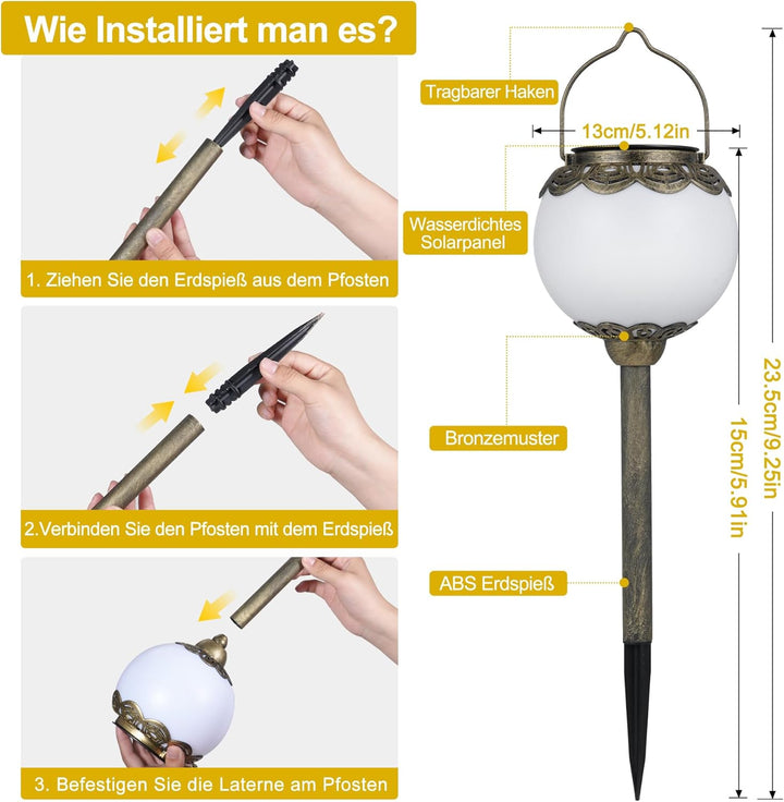 Solarlaterne für Aussen 2 Stück, IP65 Wasserdicht Solarlampen für Aussen Hängend mit Erdspiessen, 15
