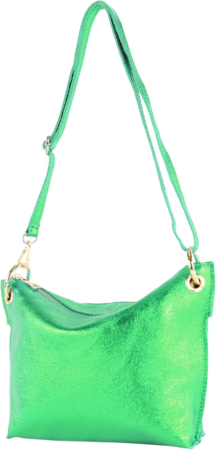 modamoda de - T243 - ital. Umhängetasche Klein Small aus Leder Grün-metallic, Grün-metallic