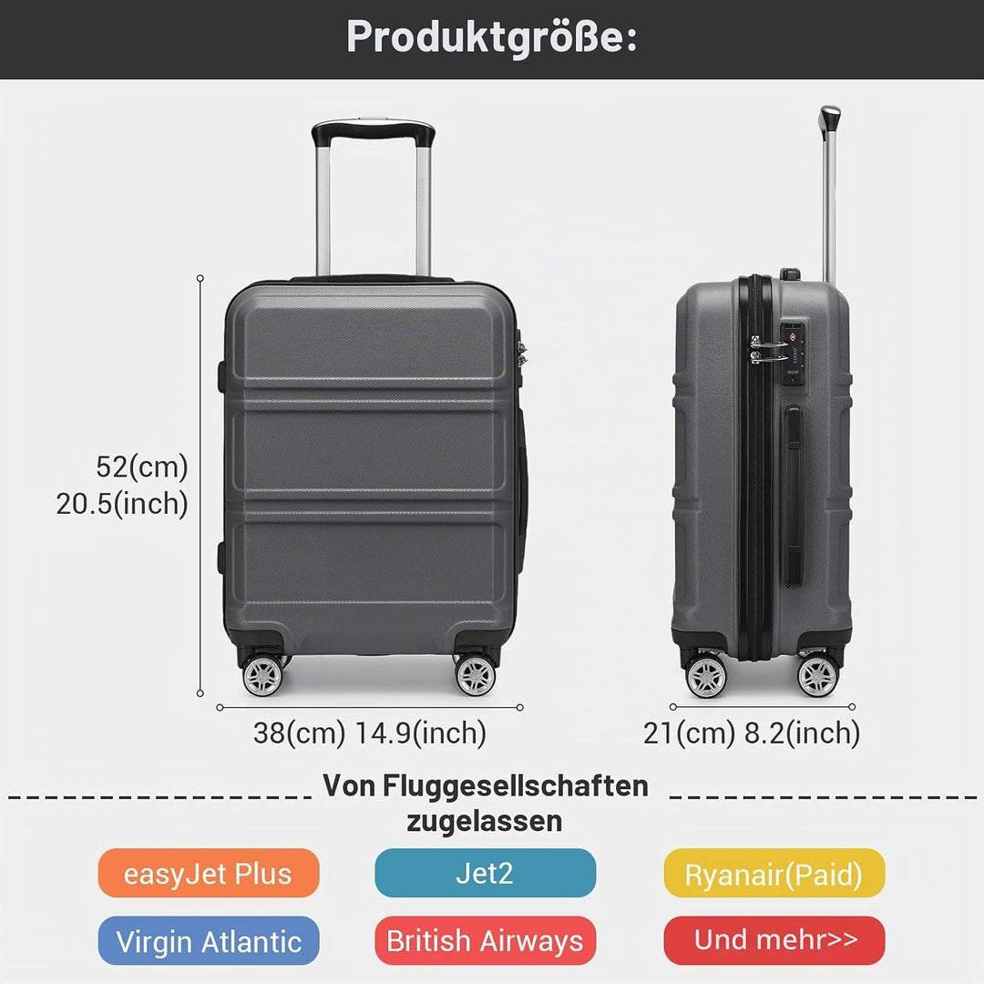 KONO Handgepäck Koffer ABS+PC Hartschalenkoffer, Kabinenkoffer 52x38x21 cm für Lufthansa & Eurowings
