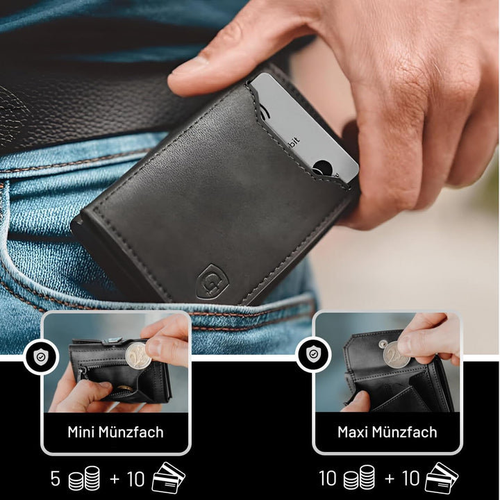 GenTo - Slim Wallet mit Münzfach - Geldbeutel Herren für 10 Karten - Geldbörse mit RFID Schutz - Sma