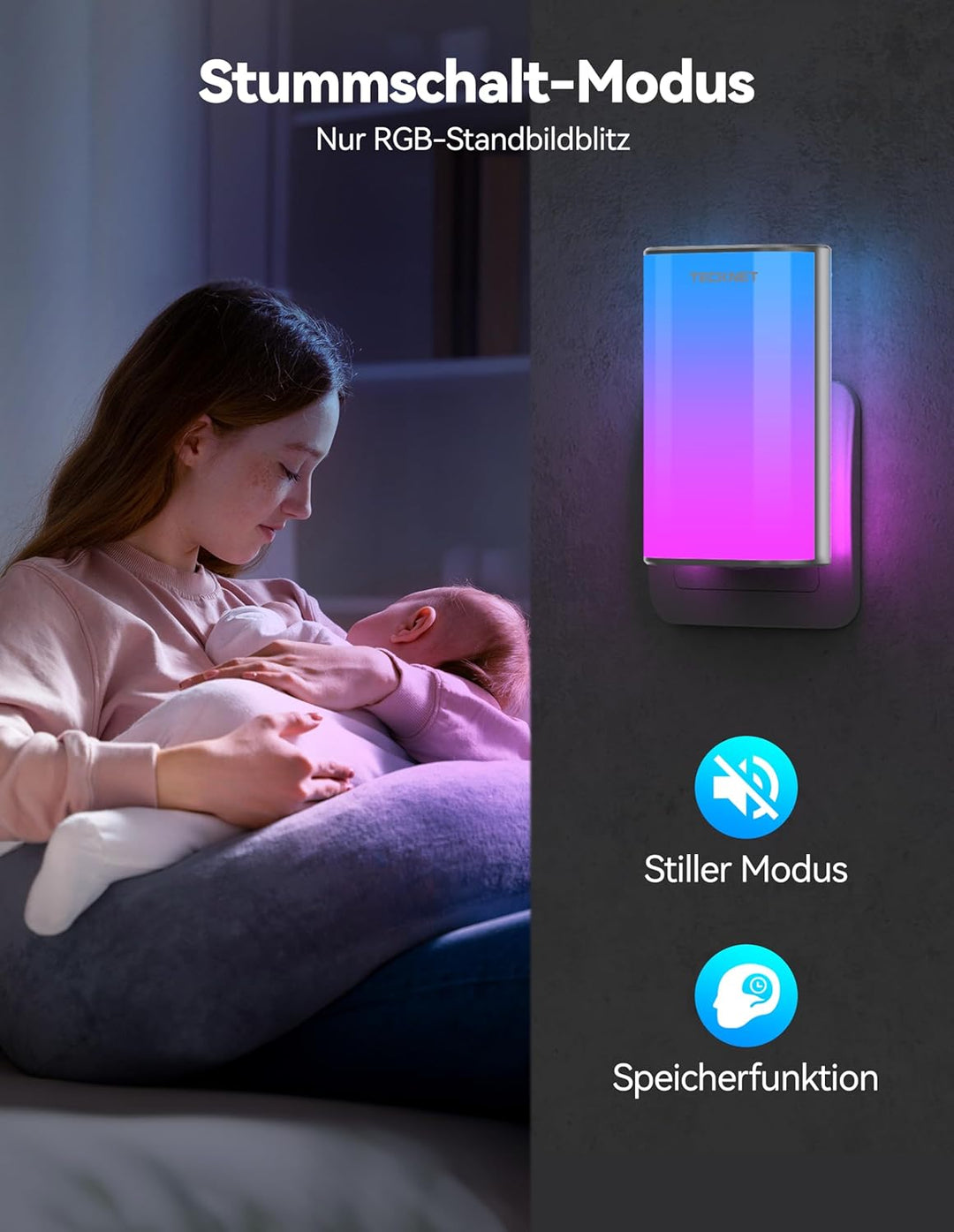 TECKNET Türklingel Batterielose, Steckdosen-Funkklingel mit EU-Steckdose und RGB Licht, IP65 Wasserd