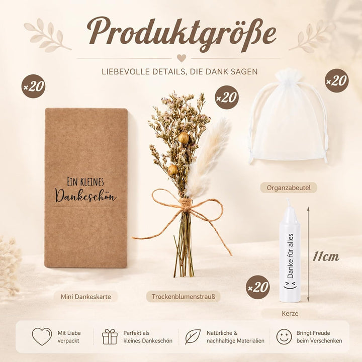 Tenare 20 Sets Danke für Alles Geschenk mit Kerzen und Trockenblumen | Organzabeutel und Karten, Ein