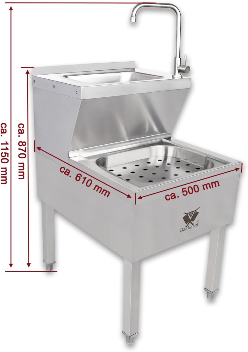 Beeketal 'BAB-1' 2in1 Edelstahl Stand Handwaschbecken mit Ausgussbecken, Industrie Waschbecken mit h