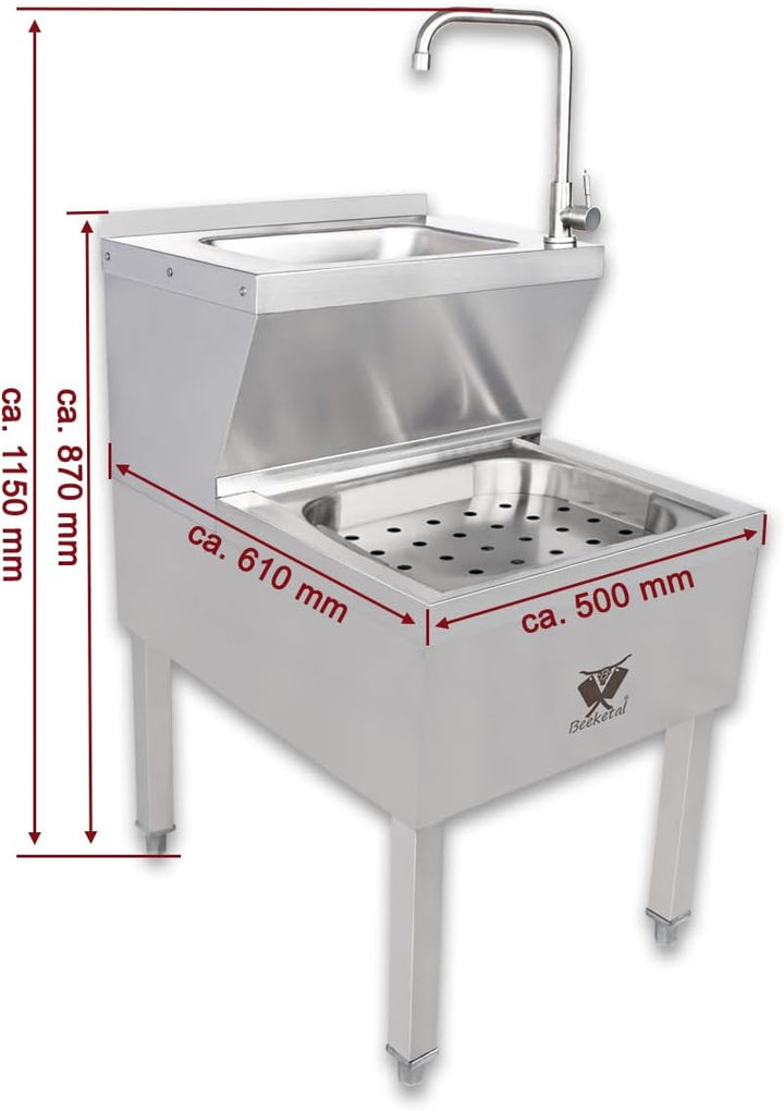 Beeketal 'BAB-1' 2in1 Edelstahl Stand Handwaschbecken mit Ausgussbecken, Industrie Waschbecken mit h