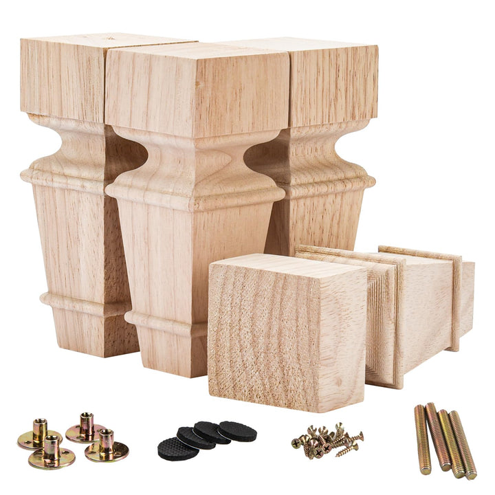La Vane Möbelbeine aus Holz, geschnitzte Geometrie, unlackiert, Ersatzfüsse mit Montageplatte und Sc