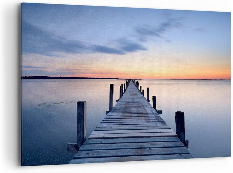 Bilder auf Leinwand 100x70cm Leinwandbild Sonnenuntergang See Wasser Brücke Gross Wanddeko Bild Schl