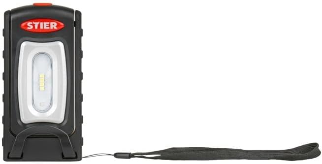 STIER Akku LED Werkstattleuchte, 250 Lumen, einer Leuchtdauer von 2,5 Stunden, 360° drehbarem Haken