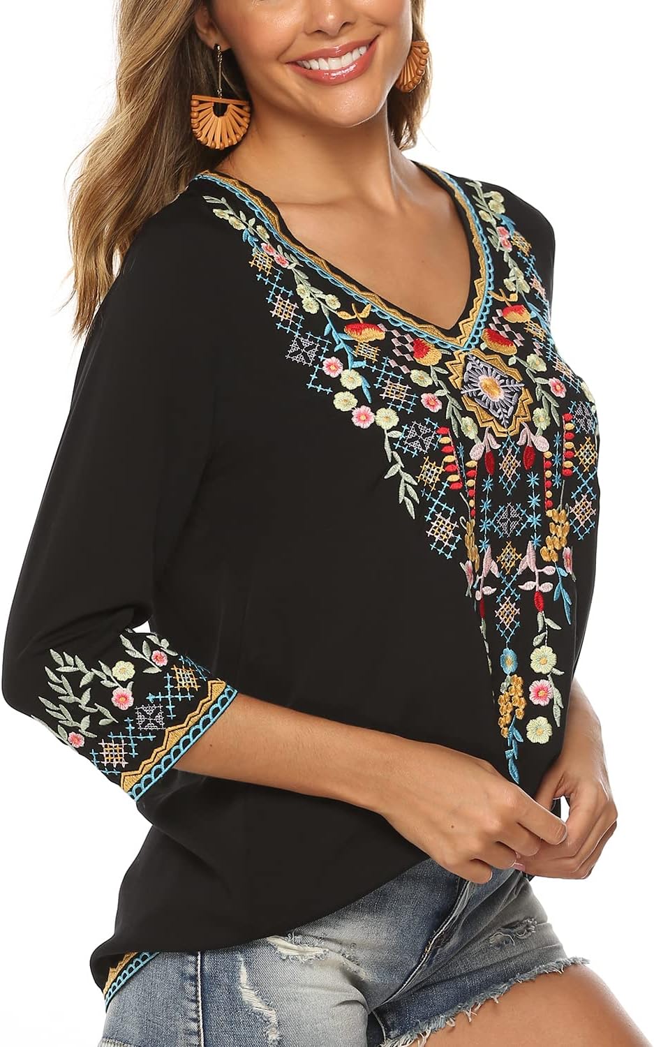 Hippie Kleidung Damen Bohemian Folklore Stickerei Bluse 3/4 äRmel V Ausschnitt Tunika Sommer LäSsige