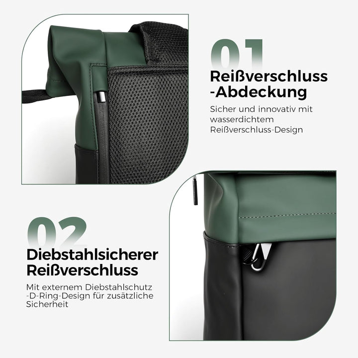 Wasserdicht Rucksack, Laptop Rolltop Rucksack für Herren & Damen Mit Diebstahlsichere Reissverschlus