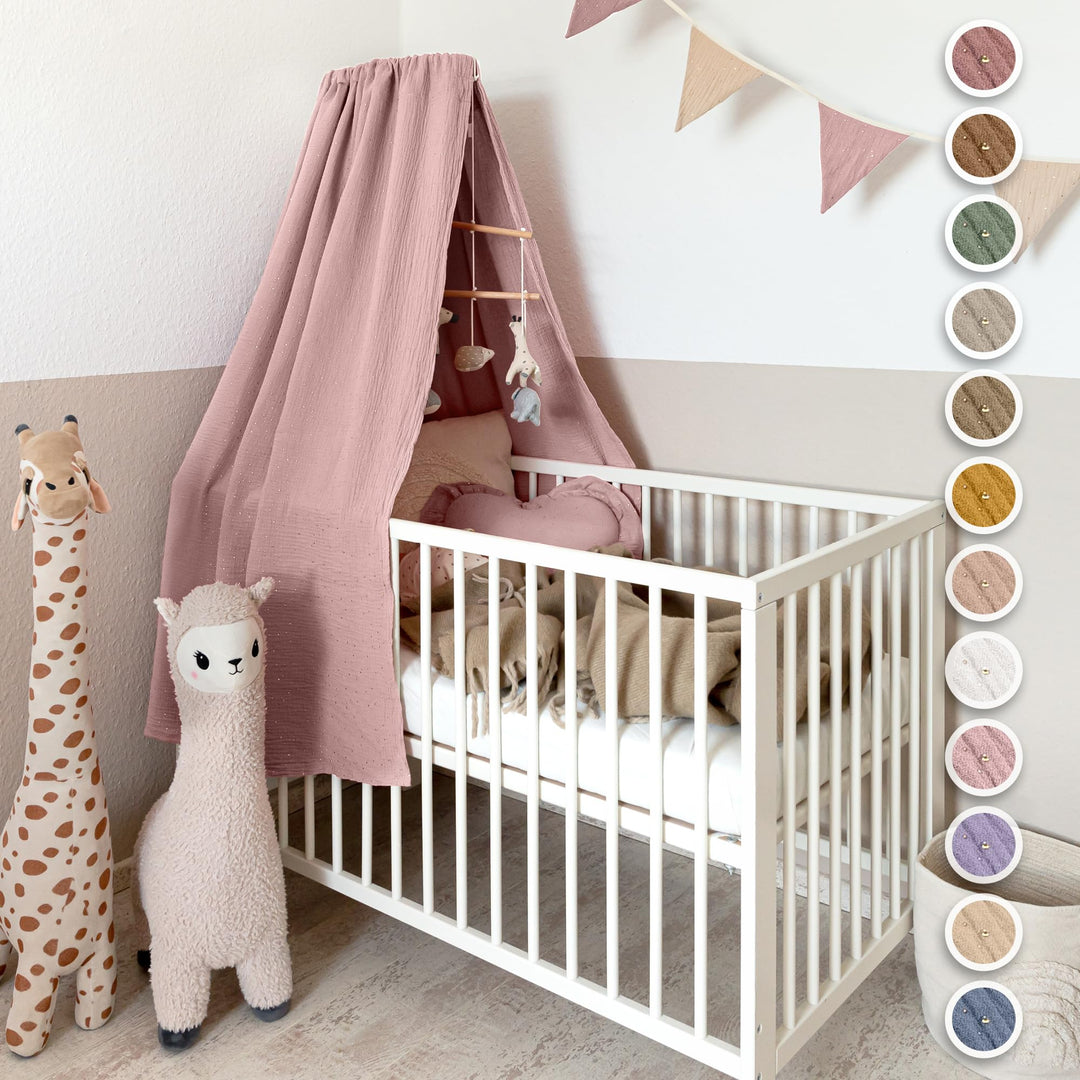 Betthimmel Babybett mit Goldapplikationen [in 12 Farben] Himmel Babybett aus 100% Baumwolle Musselin