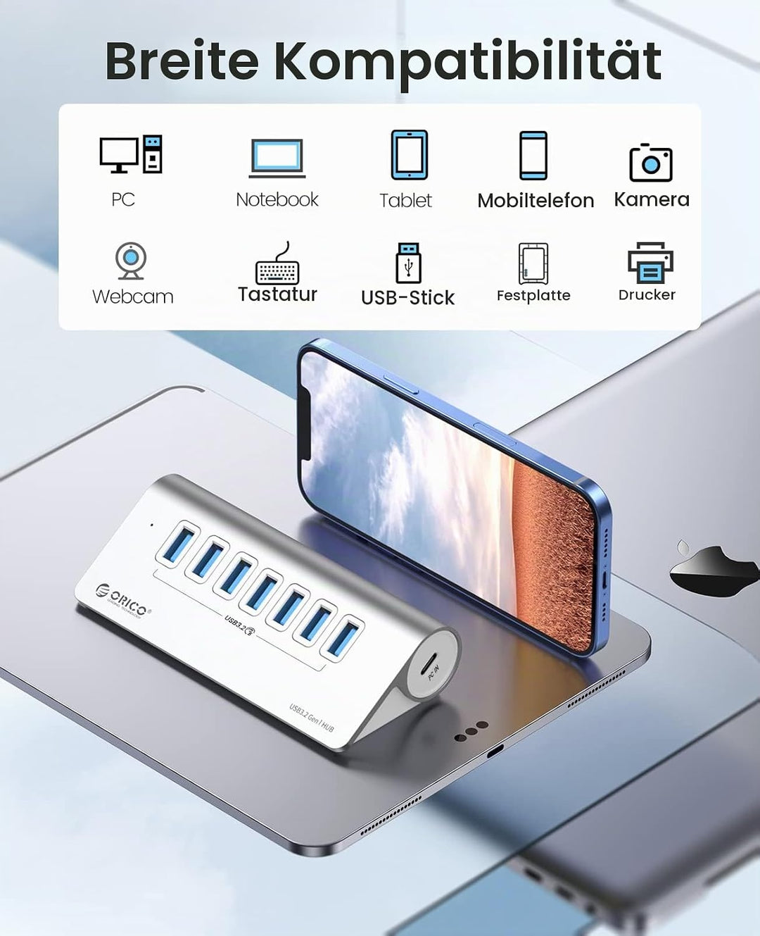 ORICO USB C Hub, 7-Port Aluminium USB Splitter, 5Gbps USB Hub mit 0.5m USB C Kabel und USB A Adapter