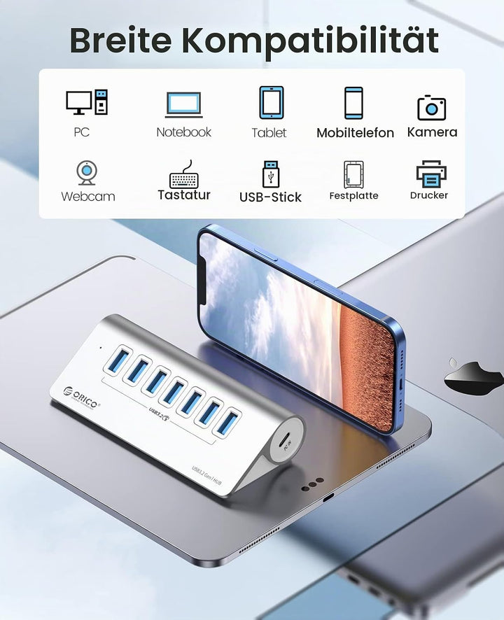 ORICO USB C Hub, 7-Port Aluminium USB Splitter, 5Gbps USB Hub mit 0.5m USB C Kabel und USB A Adapter