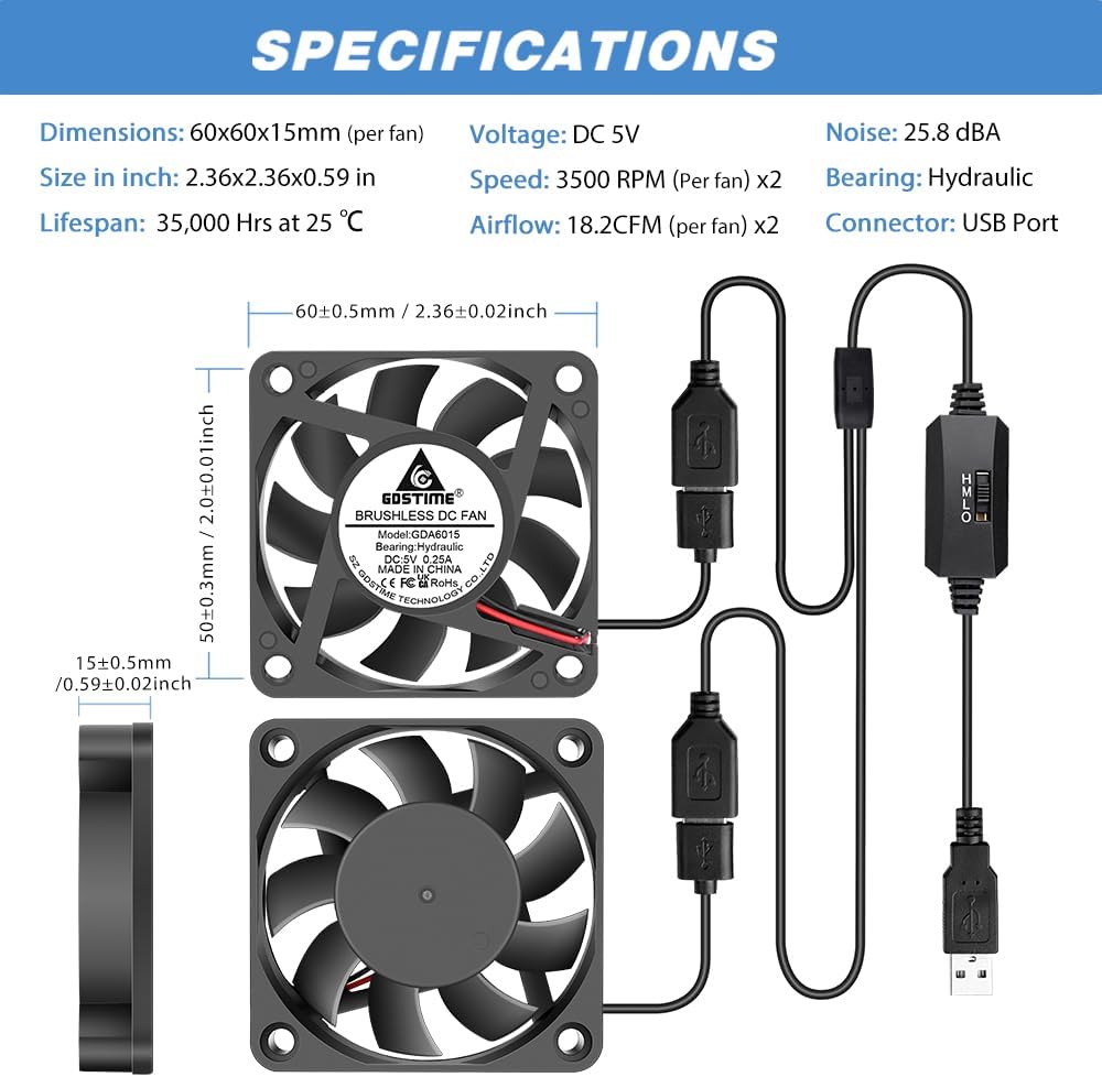 GDSTIME 2 Stück 60mm USB Lüfter 60 x 15mm USB PC Lüfter 5V 60x60 Computer Ventilator 3 Einstellbare