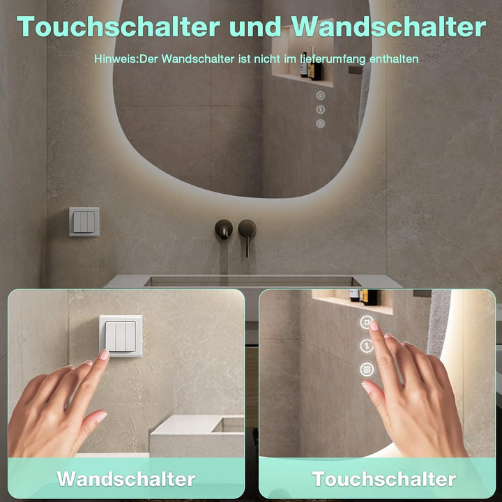 Asymmetrischer Spiegel mit Beleuchtung 75 × 55 cm, 3 Lichtfarben, Dimmbar, Antibeschlag, IP44 Wasser