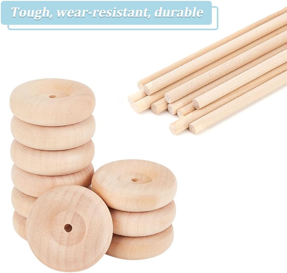 OLYCRAFT 30 Stück 50x16mm Holz-Bastelräder mit 15 Stück 15cm Holzstäbchen - Premium Holzräder für He