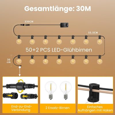 Yuusei 30M Lichterkette Aussen, LED lichterkette outdoor mit Fernbedienung, 50+2 Plastik Wasserdicht