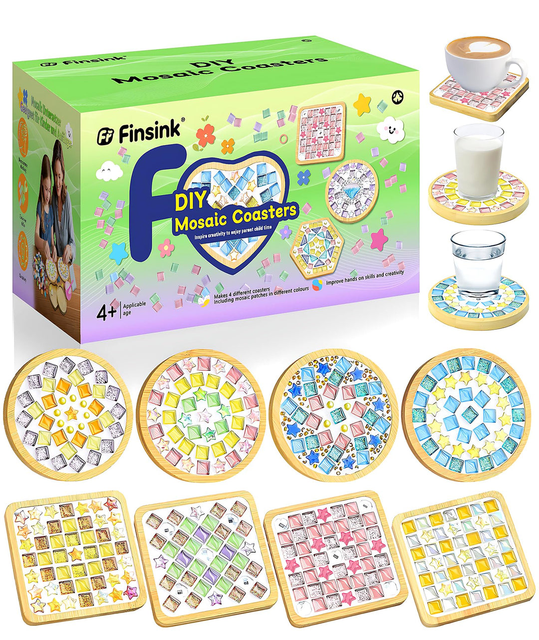 Finsink Mosaik bastelset kinder 8pcs mosaik untersetzer bastelset diy holz untersetzer Set Mosaikste