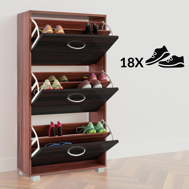 Casaria® Schuhschrank für 18 Paar Schuhe Schmal 115x60x25cm 3 Klappen Hoch Holz Geschlossen Kippsich