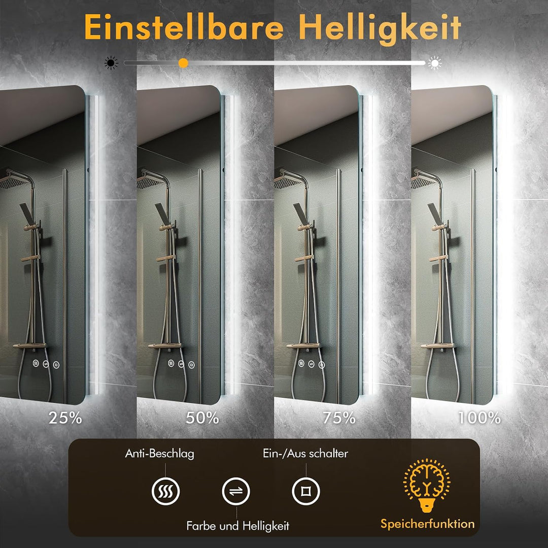 Badezimmerspiegel mit Beleuchtung 50x70cm, LED Spiegel Bad mit Licht, 3 Lichtfarben, Dimmbar, Antibe