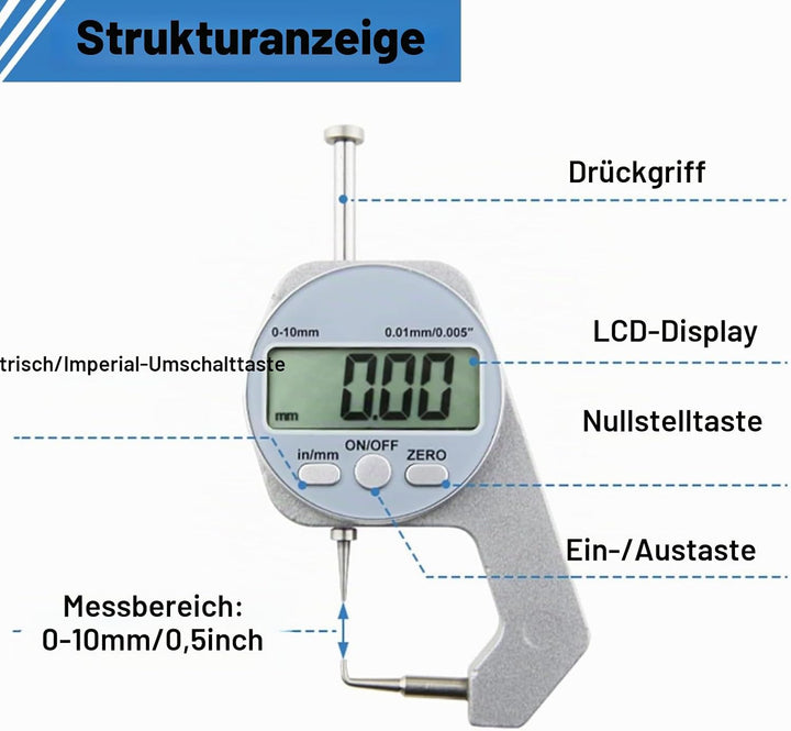 LiebeWH Dickenmesser 0-10 Mm Bereich LCD-Bildschirm Digitalanzeige Gekrümmte Spitze Mini-Dickenmesse