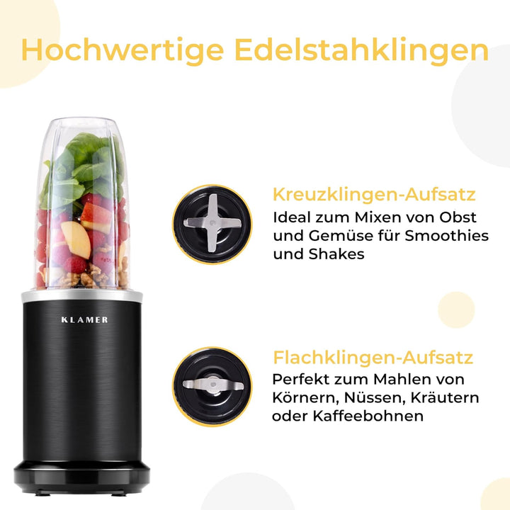 KLAMER Bullet Mixer 1000 Watt, Smoothie Maker, elektrischer Shake Mixer mit 2 Mixbehältern, 2 Klinge