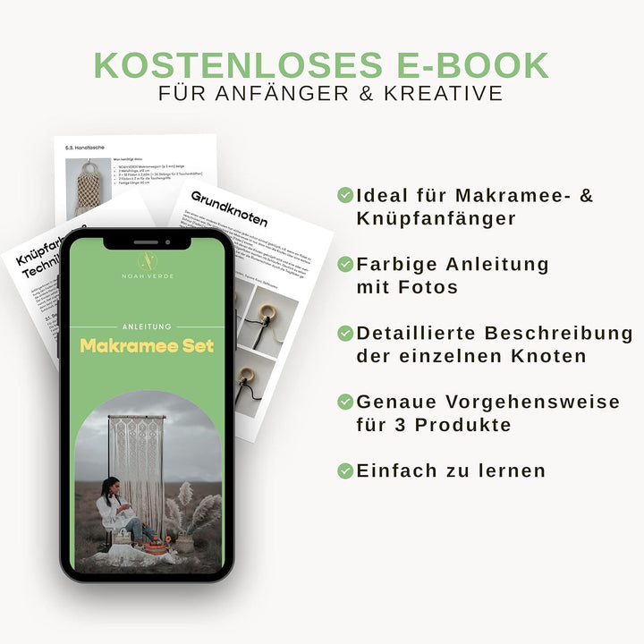 NOAH VERDE Makramee Set für Anfänger mit Anleitung: Tasche/Gürtel/Netz, Makramee Garn 3mm x 100m Bei