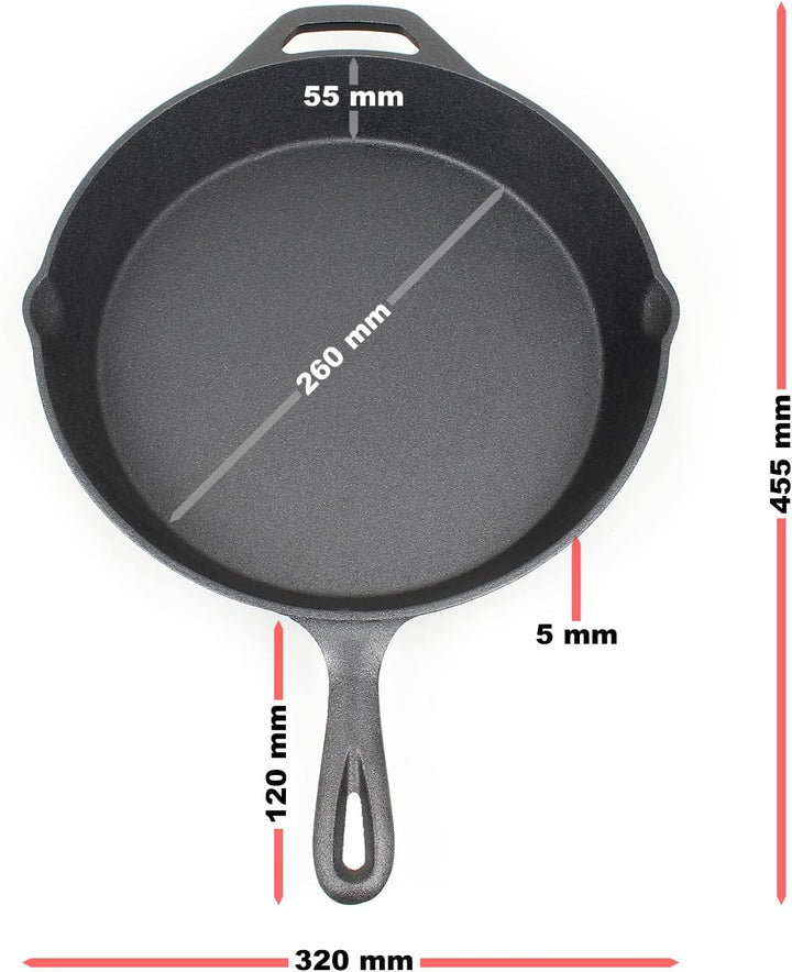Wiltec Bratpfanne aus Gusseisen Ø30cm, Feuerpfanne mit Griff und Ausgiesser, Grillpfanne Ø 300 x 55