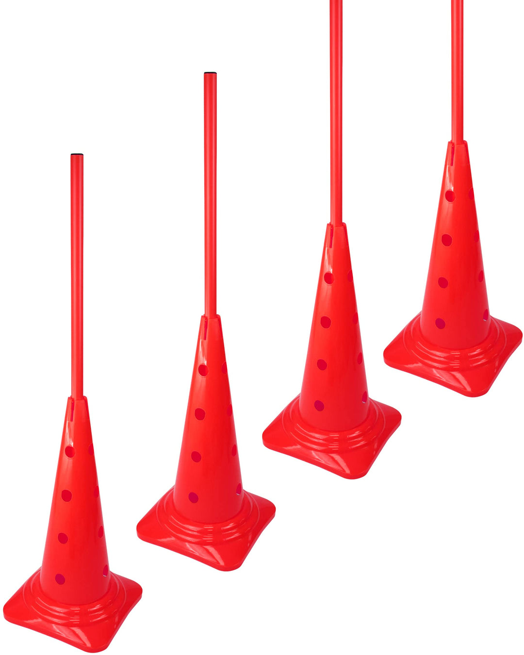 Kombi-Kegel 50 mit Stange 100 cm – 4er Set – Pylone mit Slalomstange – für Slalom-Parcours – Agility