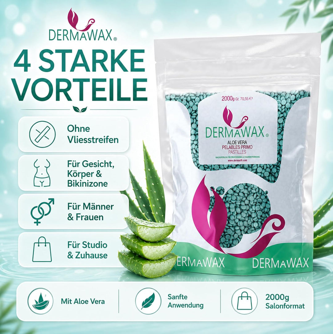Dermawax 2 kg Aloe Vera Wachs Heisswachs Waxing Perlen Wachsperlen Wax Anwendung ohne Wachsstreifen