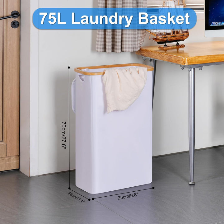 efluky Wäschekorb mit Deckel 75L, Schmal Wäschekorb mit Waschbarer Innentasche, Weiss Wäschebehälter