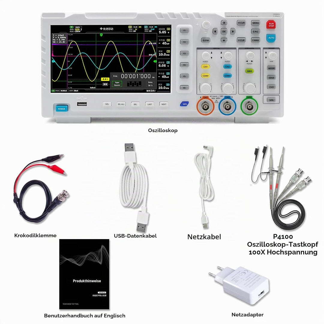 1014D Digitales Oszilloskop 2 Kanäle, 7" Oscilloscope 100Mhz Bandbreite mit DDS Signalgenerator, 1GS