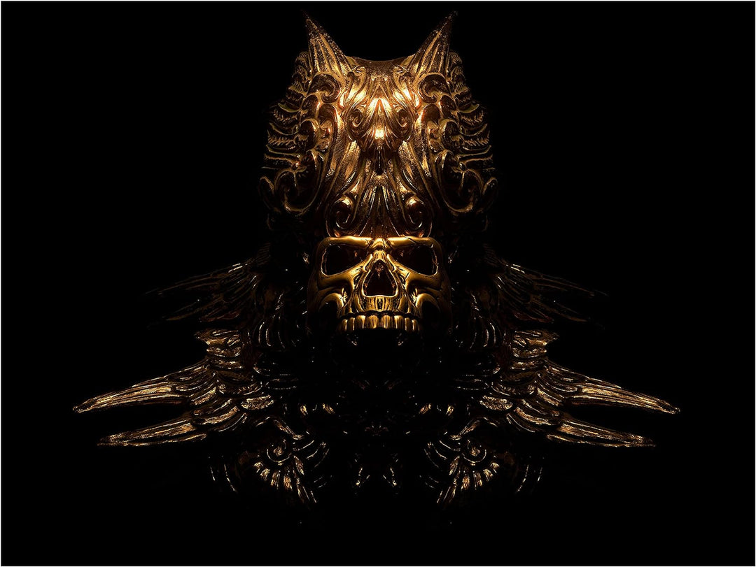 wandmotiv24 Totenkopf Wandbild aus Acrylglas, Grösse 80x60cm, Querformat, goldene Totenmaske, Schäde