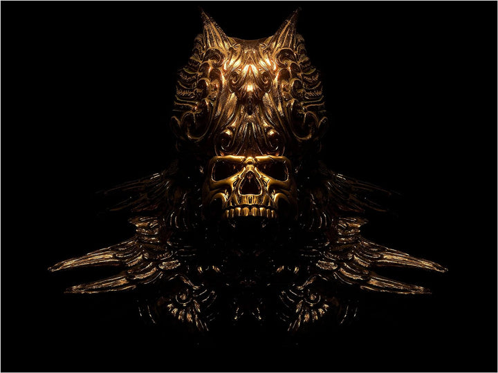 wandmotiv24 Totenkopf Wandbild aus Acrylglas, Grösse 80x60cm, Querformat, goldene Totenmaske, Schäde