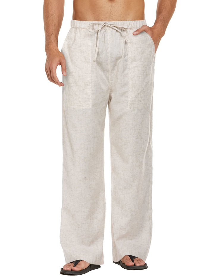 COOFANDY Herren Leinenhose mit Kordelzug Leicht Sommerhose Freizeithose Strandhose mit Tasche Beige