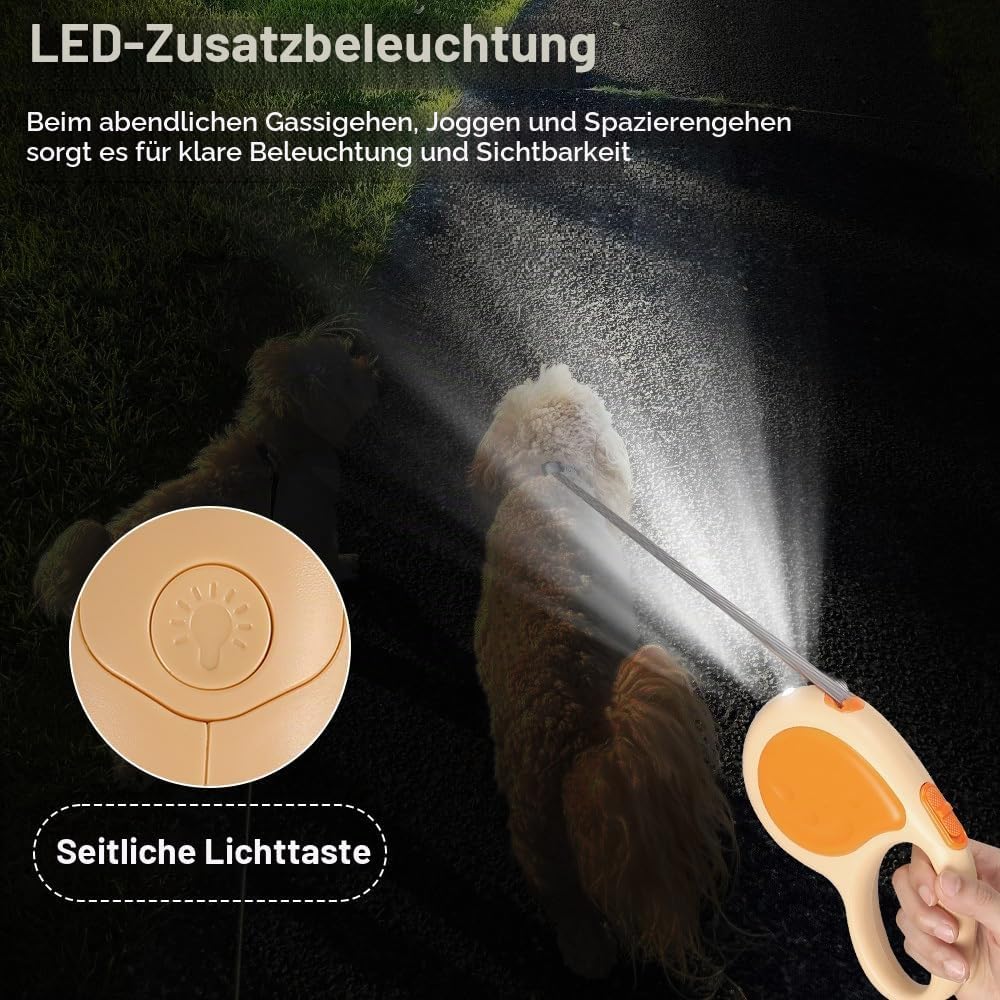 Einziehbare Hundeleine, 4,8m, Robuste Rollleine mit 360°-Drehhaken und LED-Licht, Haustier Leine für