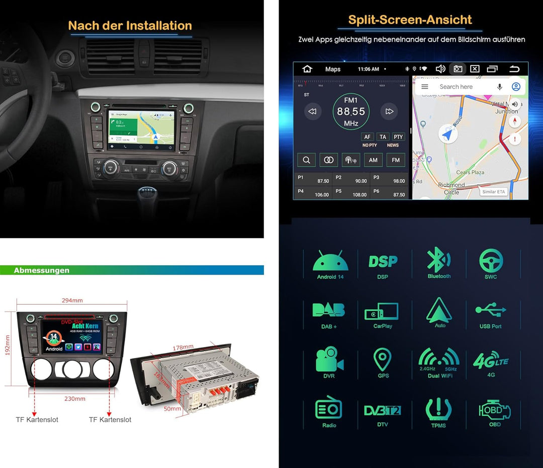 Erisin Android 14 8-Kern 4GB RAM+64GB ROM Autoradio GPS Navi für BMW 1er E81/82/88 7 Zoll Bluetooth