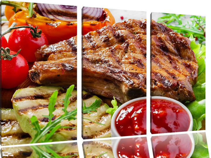 Gegrilltes Steak als 3-Teiler Leinwandbild 120x80 Bild auf Leinwand, XXL riesige Bilder fertig gerah