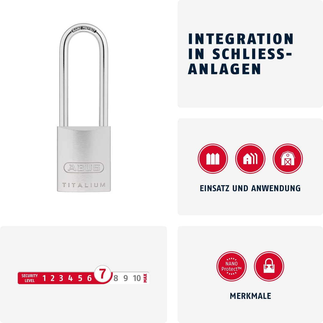 ABUS Titalium-Vorhangschloss 86TIIB/45HB80, Hochbügel ohne Zylinder, 04392, 86TIIB/45HB80