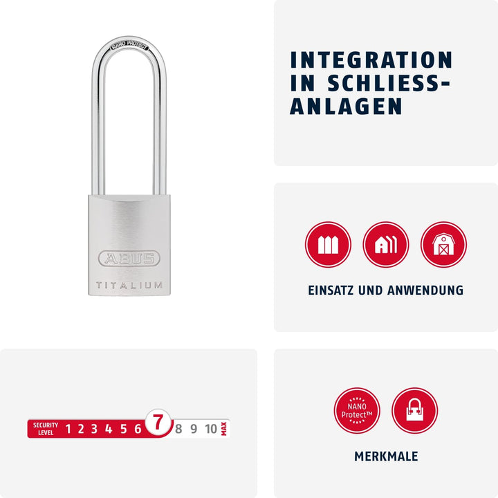 ABUS Titalium-Vorhangschloss 86TI/45HB80, Hochbügel ohne Zylinder, 04391, 86TI/45HB80