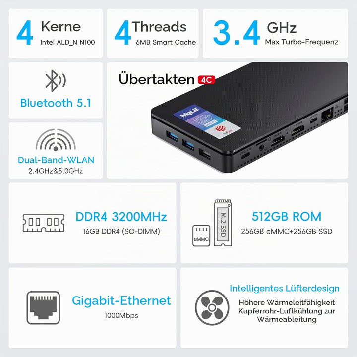 MeLE Mini-PC Overclock4C, Reddot-Gewinner 2024, Win 11 Pro N100 32GB 512GB, 4K-HDMI-Anzeige, USB-C P