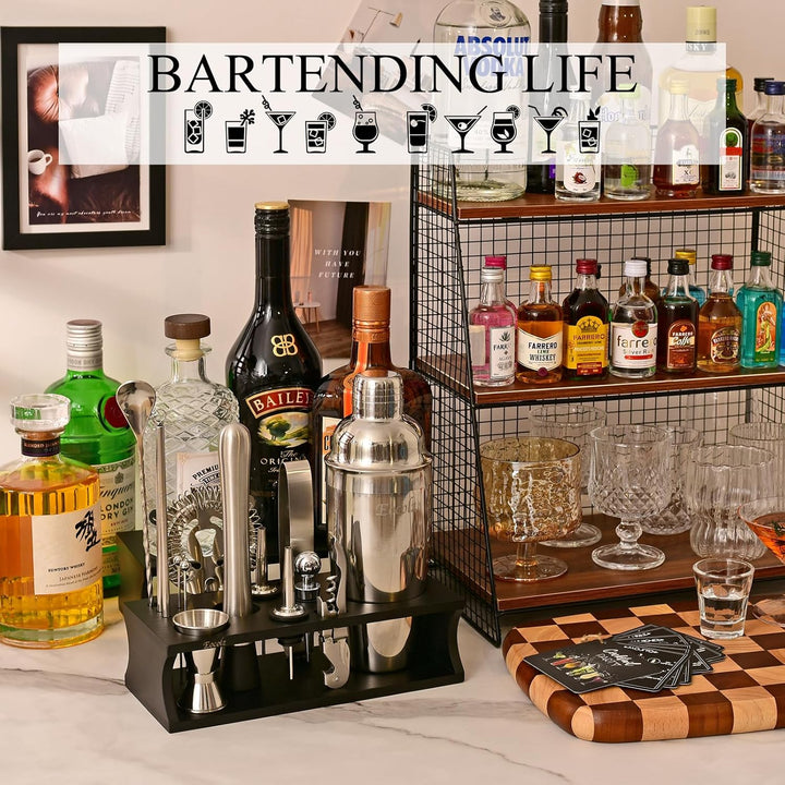 Cocktail Shaker Set mit Bambus Ständer & Rezeptbuch, Edelstahl 750ml Bar Cocktailset Cocktailshaker