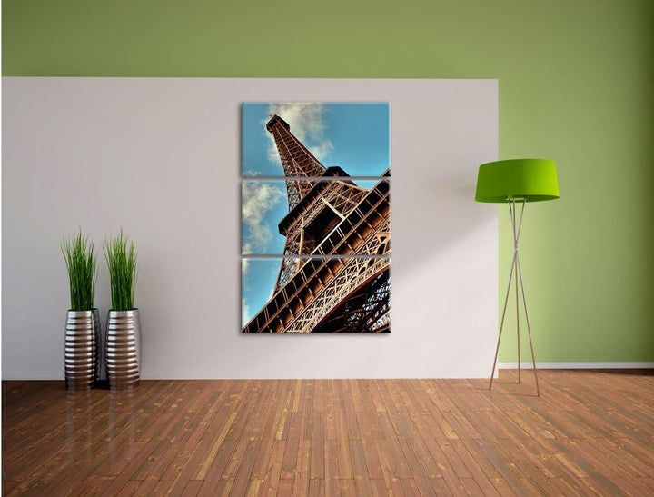 Pixxprint Gigantischer Eifelturm Paris / 3-Teilig/Gesamtmass 120cm Leinwandbild bespannt auf Holzrah