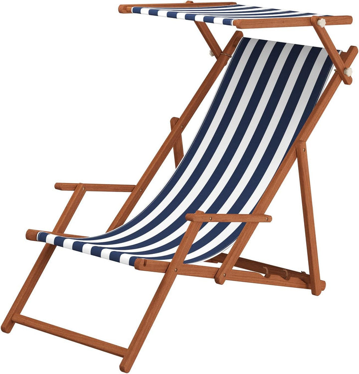 Erst-Holz Liegestuhl blau-weiss Buche dunkel Gartenliege Strandstuhl Sonnendach Kissen klappbar 10-3