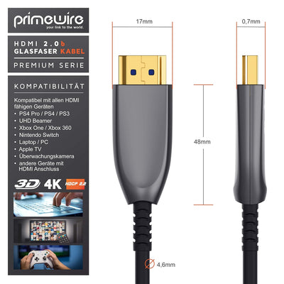 CSL - HDMI Kabel 2.0 b Glasfaser 15m - 4k 60Hz mit HDR - optisches HDMI Kabel LWL - 3D - ARC - CEC –