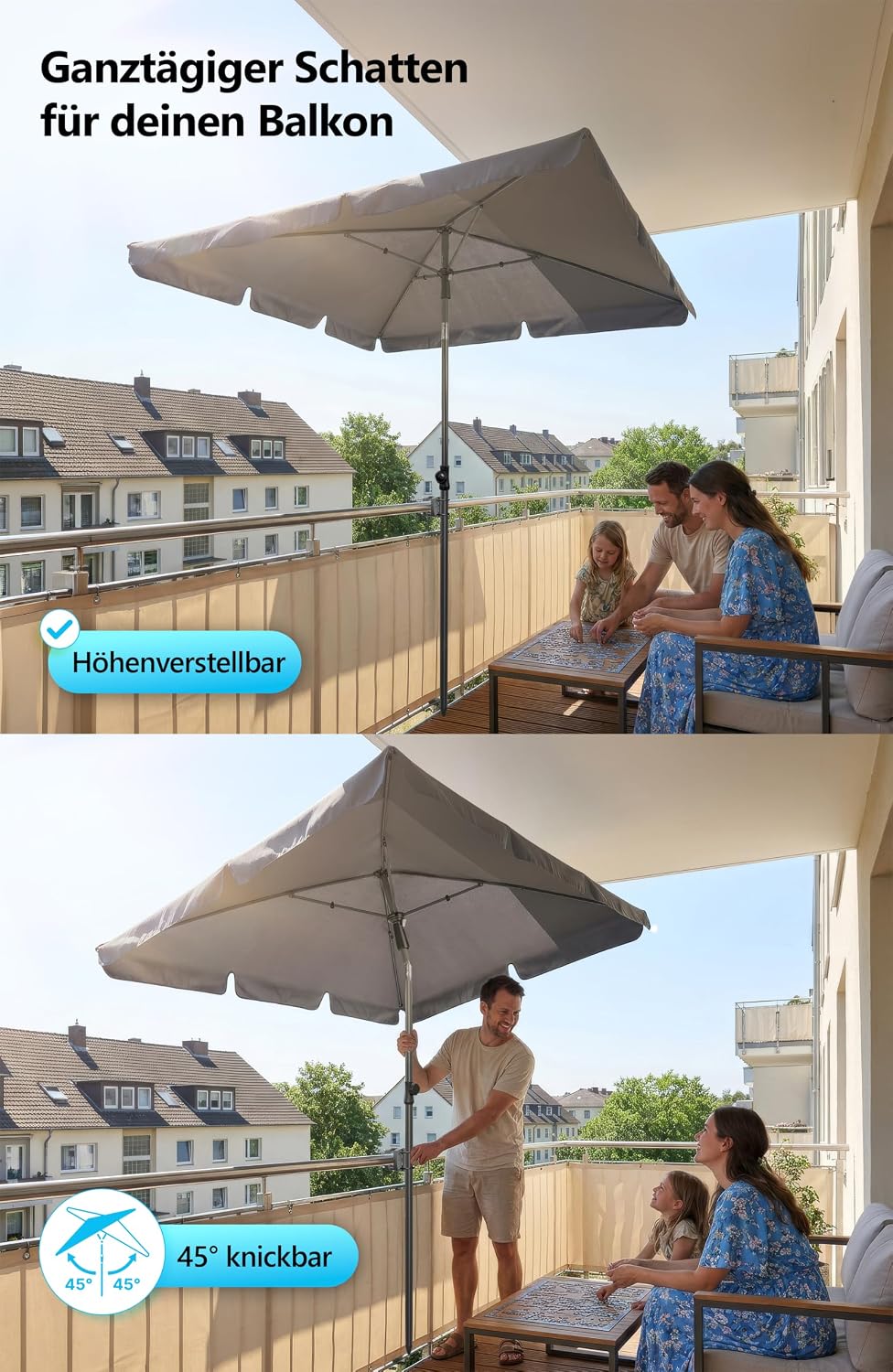 4smile Sonnenschirm Balkon im Set – Sonnenschirm rechteckig 210×140 cm, UV 50+ Sonnenschutz Balkon,