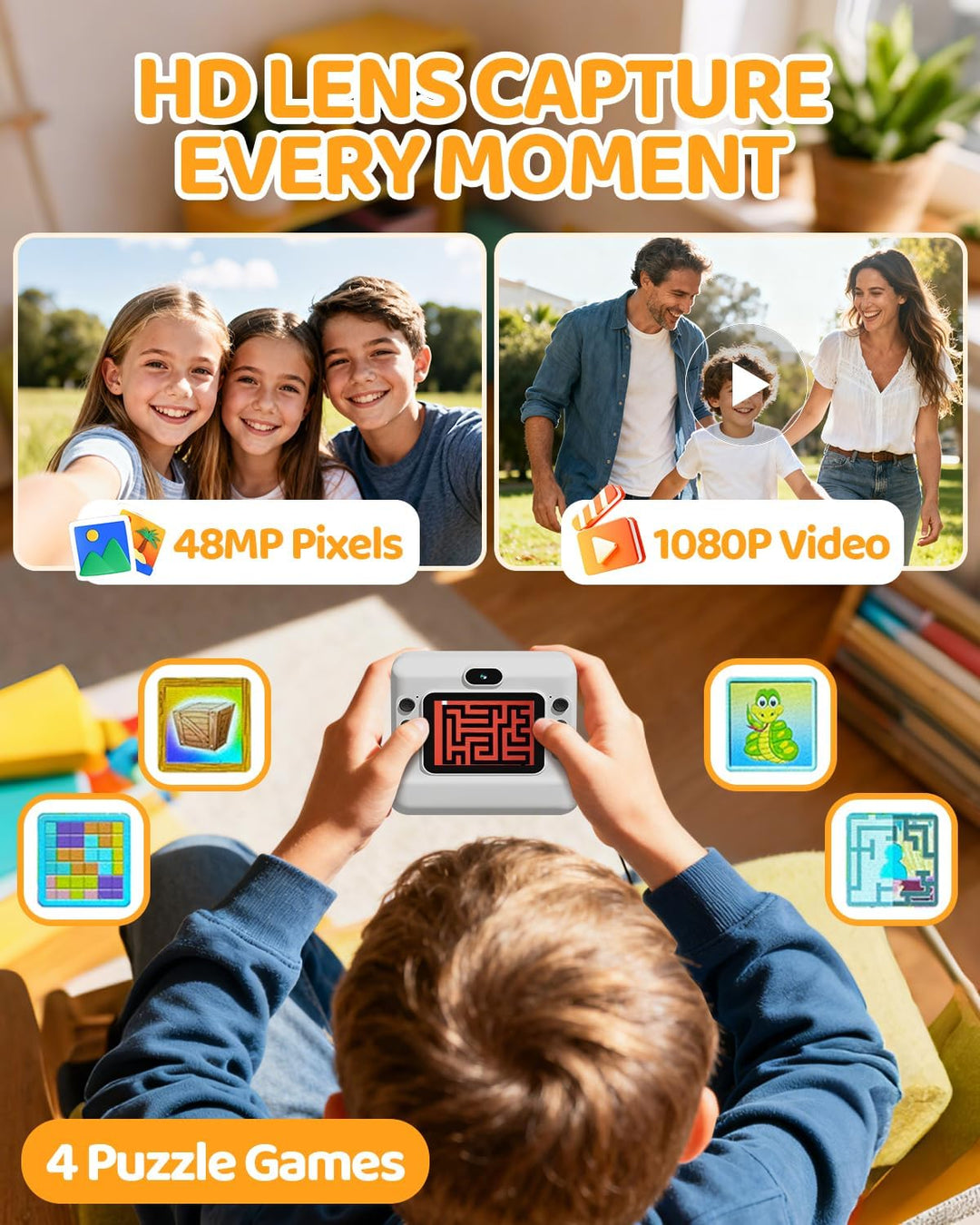 Kinderkamera Sofortbildkamera, 1080P HD Sofortbildkamera Kinder mit 32 GB Karte und 3 Papierrollen,