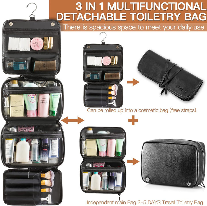 Elviros Kulturbeutel für Damen und Herren aus PU-Leder, kulturtasche zum aufhängen, 3 in 1 multifunk