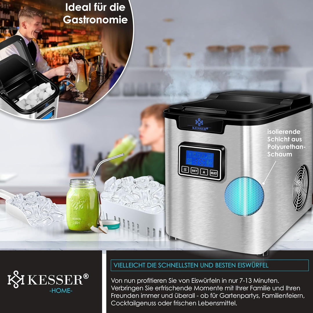 KESSER® Eiswürfelbereiter | Eiswürfelmaschine Edelstahl | 150W Ice Maker | 12 kg 24 h | 3 Würfelgrös
